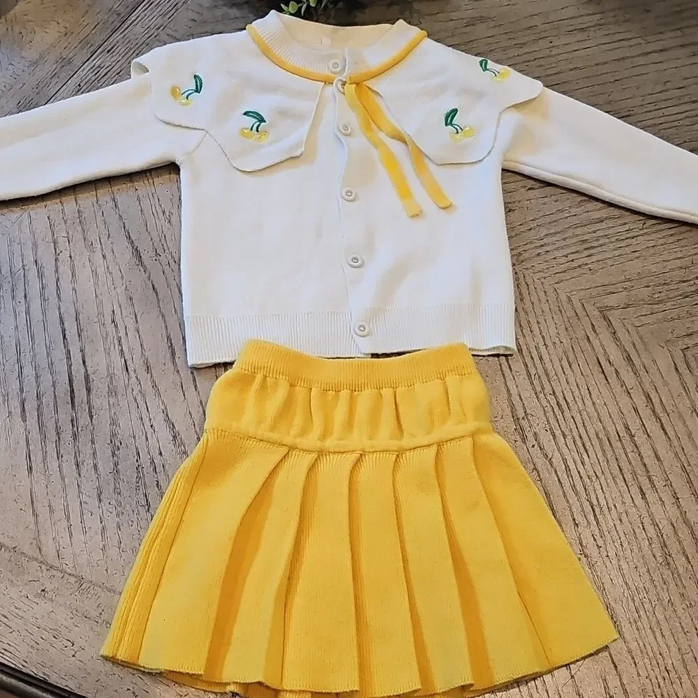 5T Yellow pleated knit skirt and cardigan jacket set